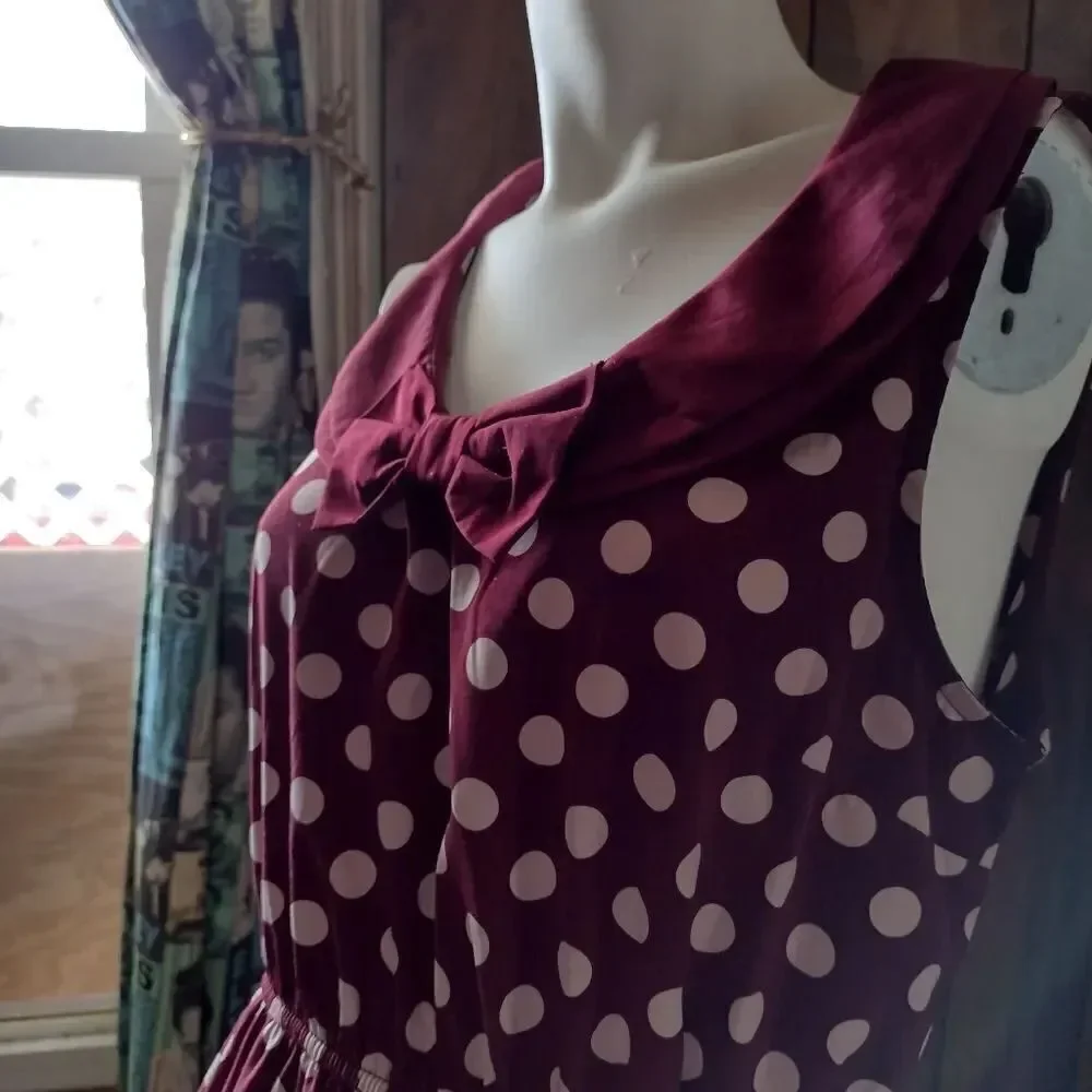 VTG Forever 21 Women's Dress Plum Polka Dot Bow Midi Sleeveless Purple Size M